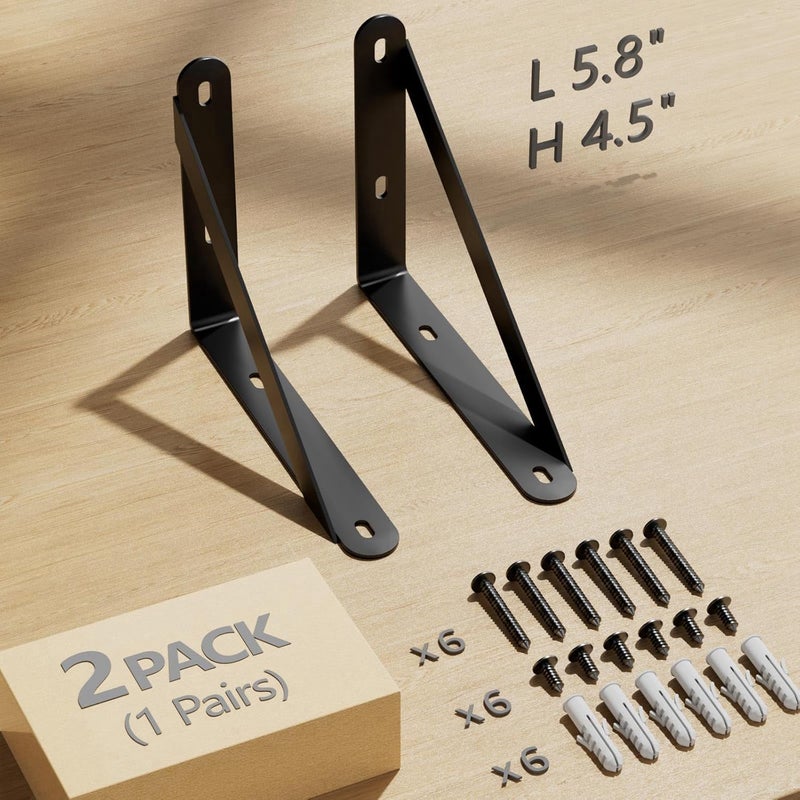 COCOYA 6x4.5 Shelf Brackets 2-Pack, Shelf Support Shelf Holder Steel Wall Mount Heavy Duty Small L Shape Triangle 90 Degree Metal Black with Screws Anchors Soporte de Estante - Image 2